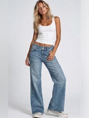 KanCan Stacked Wide Leg Jeans 11/29 (30x32.5) Blue Stretch Denim Flared Juniors